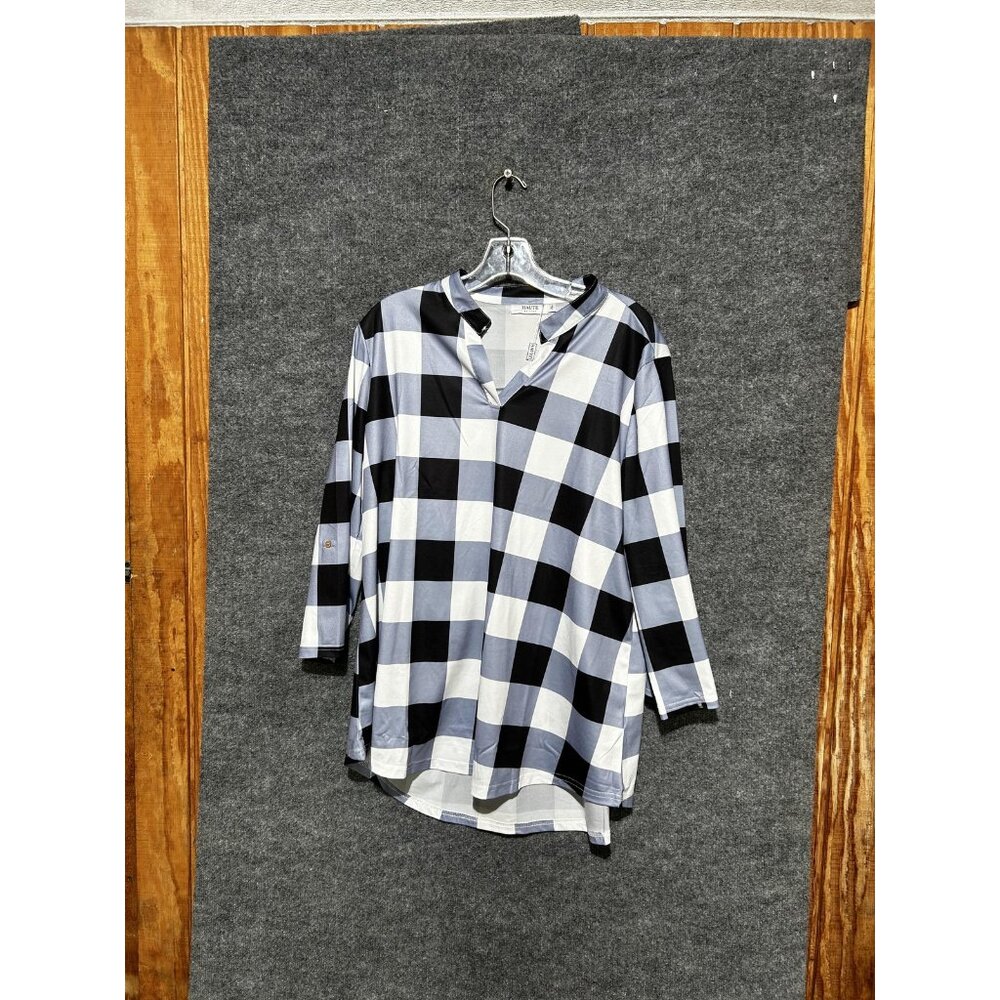 Haute Edition Shirt Womens XL Black White Check Tunic V Neck 3/4 Sleeve